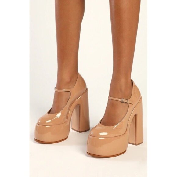 SCHUTZ Zayne Mary Jane Heels Size 7.5 Platform Chunky Pump Patent Pressego Tan - Picture 7 of 16